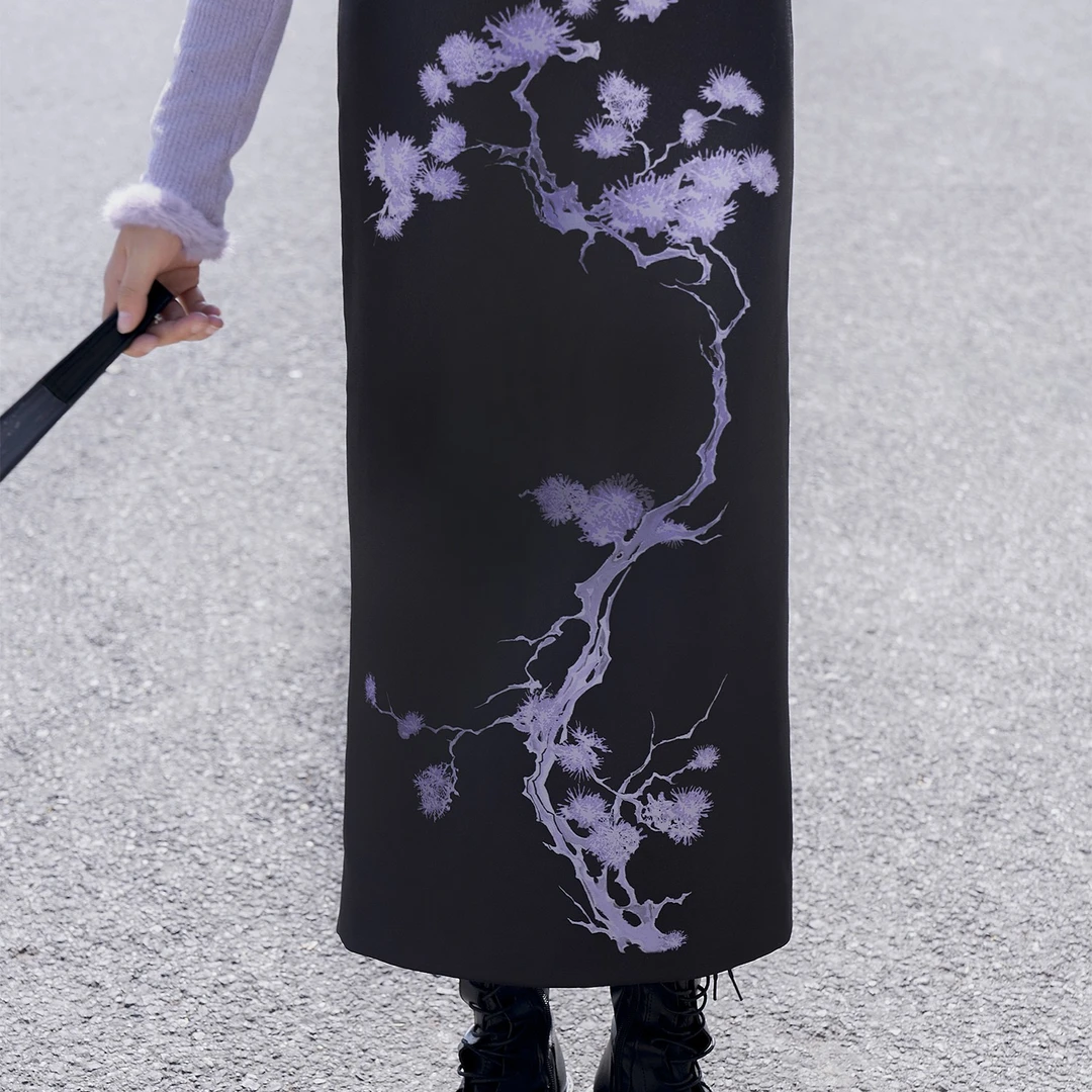 原创新中式秋季紫色松枝半裙女半裙直筒半身包臀裙显瘦