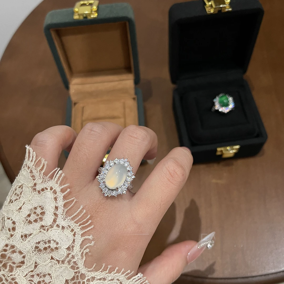 天然高冰透玉髓鸽子蛋戒指高级新中式时尚国潮国风指环大气富贵