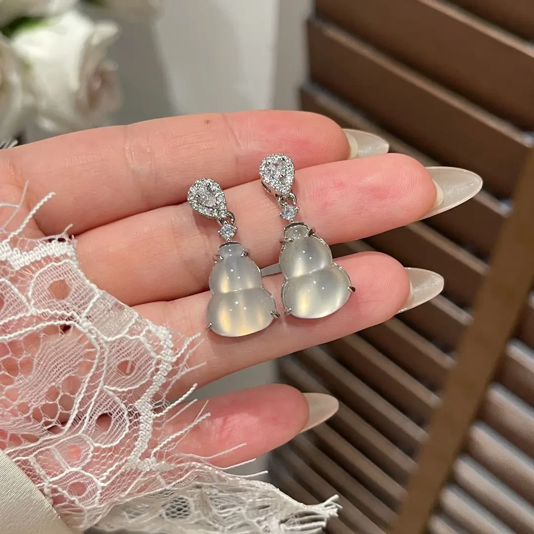 天然高冰玉髓精致葫芦耳环轻奢玛瑙新中式耳饰首饰