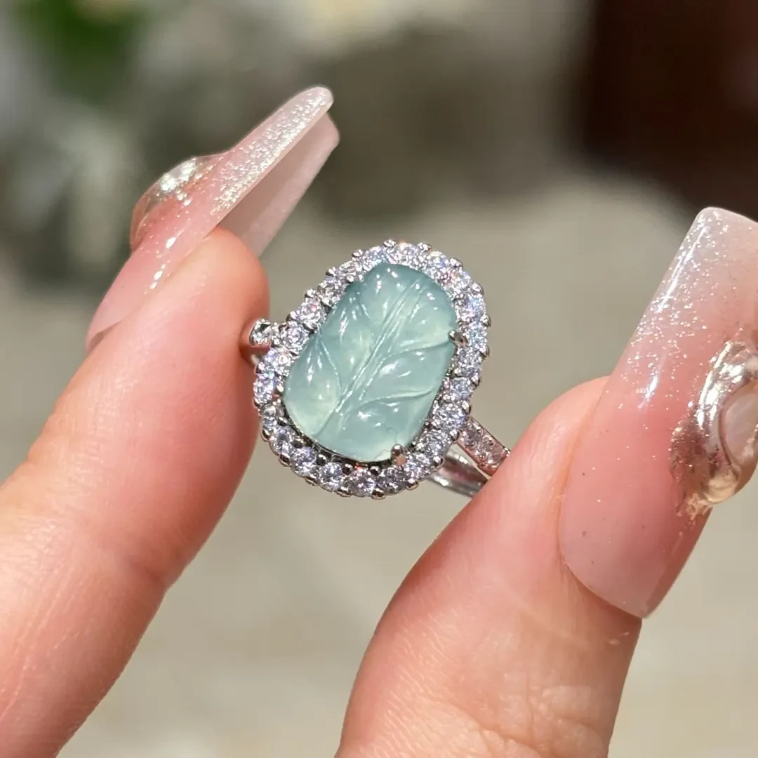 天然A货高级翡翠叶子戒指新中式气质轻奢精致满钻金枝玉叶戒指