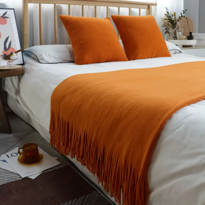 北欧纯色针织床旗橘色民宿床尾毯酒店样板间床尾巾宾馆床搭巾单人