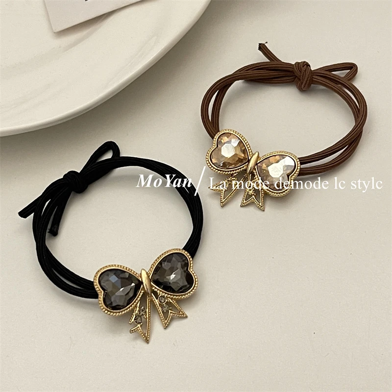 韩版高级感蝴蝶结水钻合金发绳女马尾扎头发皮筋简约百搭头绳发饰