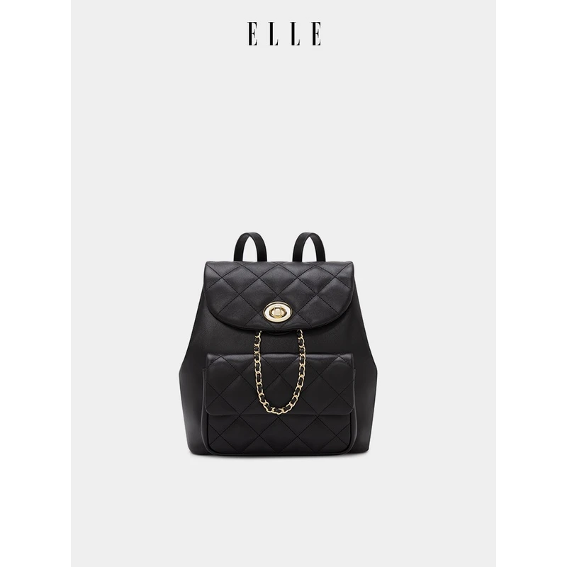 ELLE2024新款包包头层牛皮菱格双肩包翻盖背包单肩包大容量22480