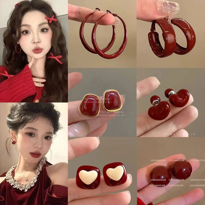 浪漫不止~复古安可拉红几何圈圈耳环女ins港风气质高级感显白耳饰