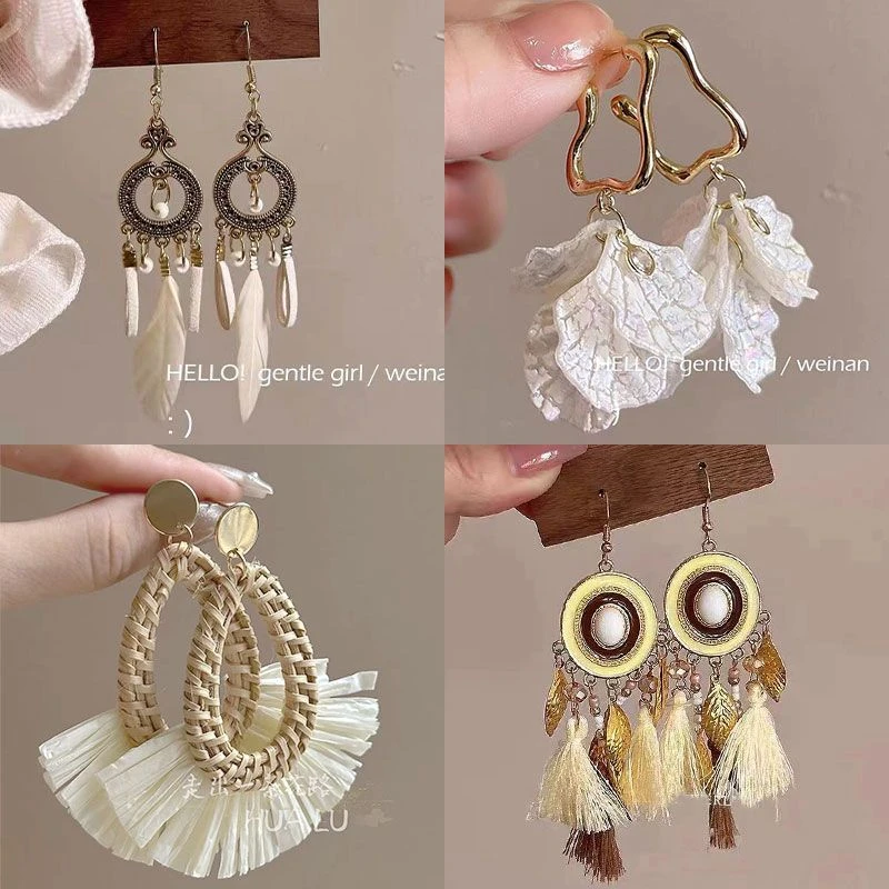 夸张海边藤编沙滩度假西米亚扇形手工编织耳坠耳环民族复古耳饰