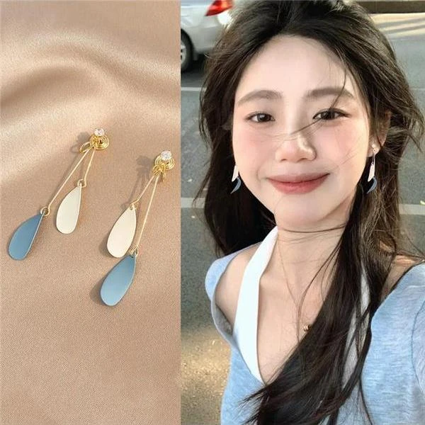 无耳洞方圆脸蓝色长款吊坠蚊香盘耳夹小众设计感森系2024新款耳饰