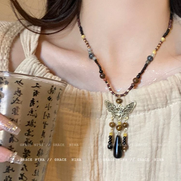 新中式串珠蝴蝶流苏项链小众高级感锁骨链禅意民族风饰品女生