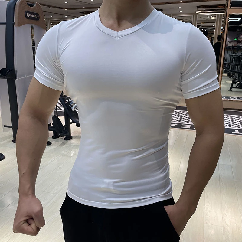 V领紧身衣男士薄款透气弹力吸汗健身服运动跑步训练T恤修身打底衫