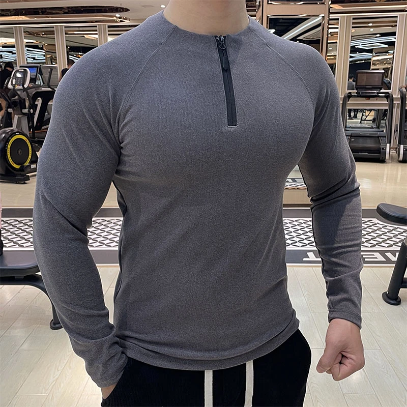 秋冬季美式德绒保暖半拉链修身长袖男士弹力健身训练服跑步打底衫