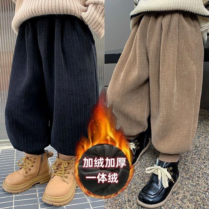 儿童裤子秋冬款新款宽松一体绒灯芯绒束脚裤宝宝