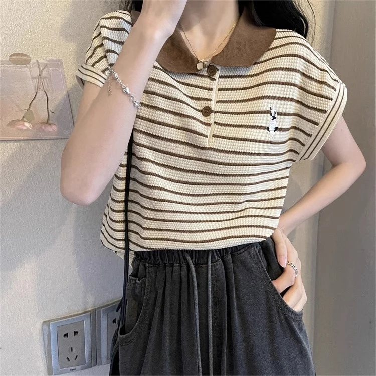 条纹翻领短袖T恤女夏季设计感小众减龄兔子刺绣冰丝薄款针织上衣1