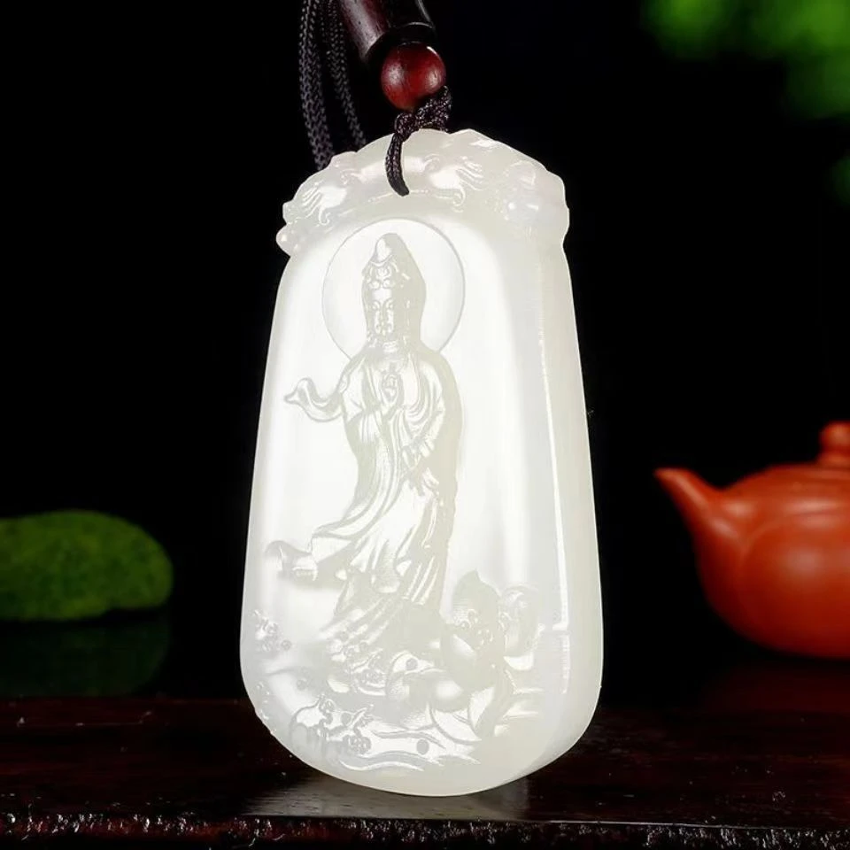 青白色女士莲花观音吊坠男款站观音挂件手工精雕刻挂件毛衣链项坠