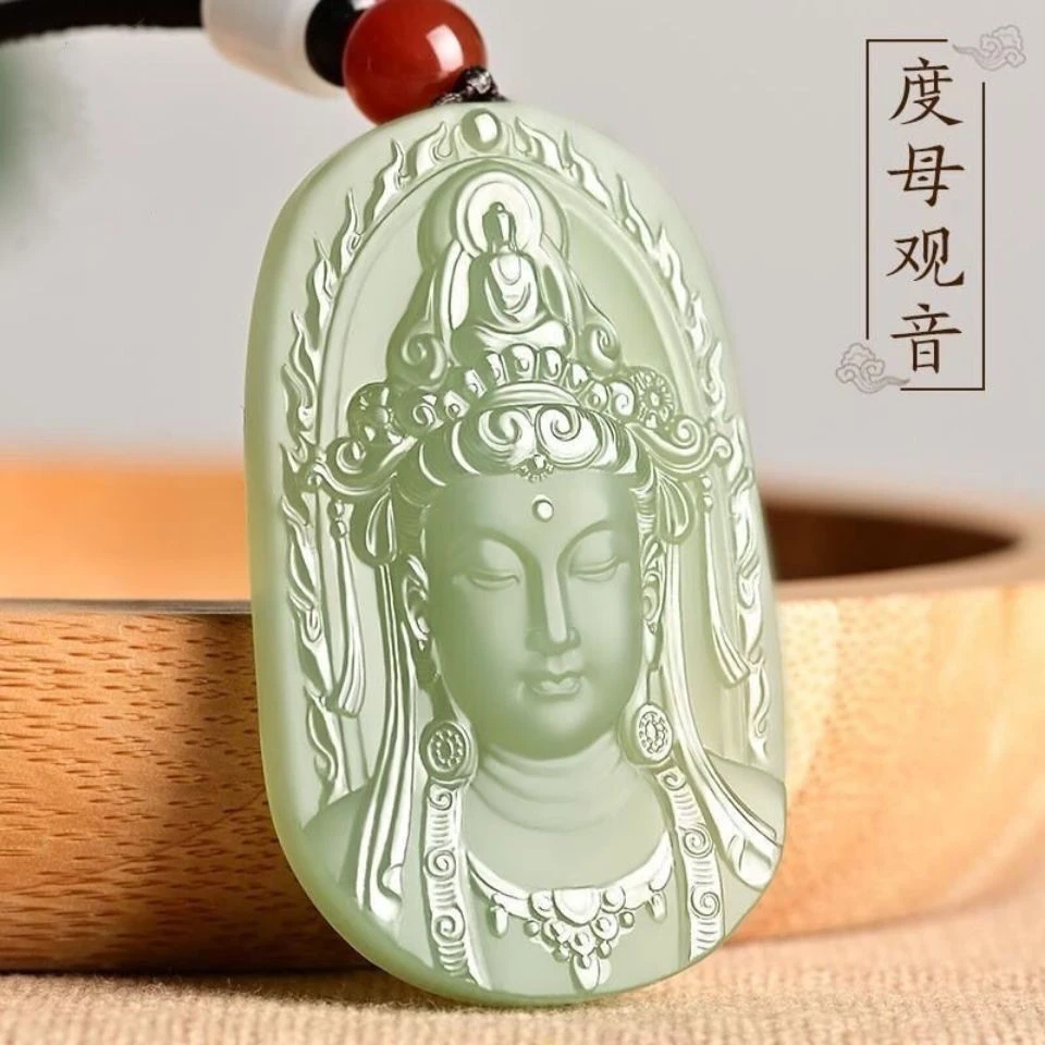 手工雕刻绿度母吊坠属相守护神男士情侣观音挂件男女清白色项坠