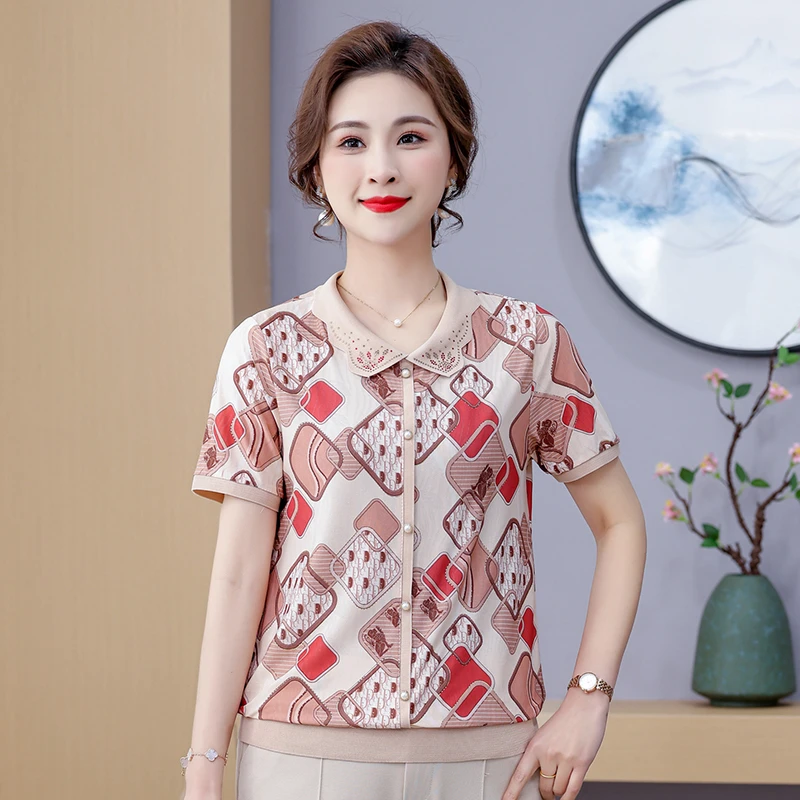 中年妈妈装夏季短袖T恤时尚洋气中老年女装宽松薄款冰丝时髦上衣