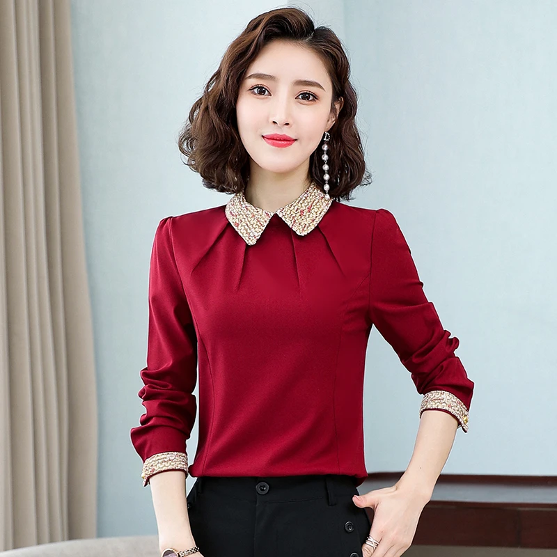 红色雪纺衫女长袖衬衫2023年春秋新款洋气上衣娃娃领打底妈妈衬衣
