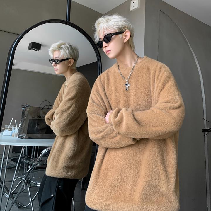 gmgm仿貂毛情侣毛衣男士秋冬加厚款保暖圆领线衣宽松慵懒风针织衫