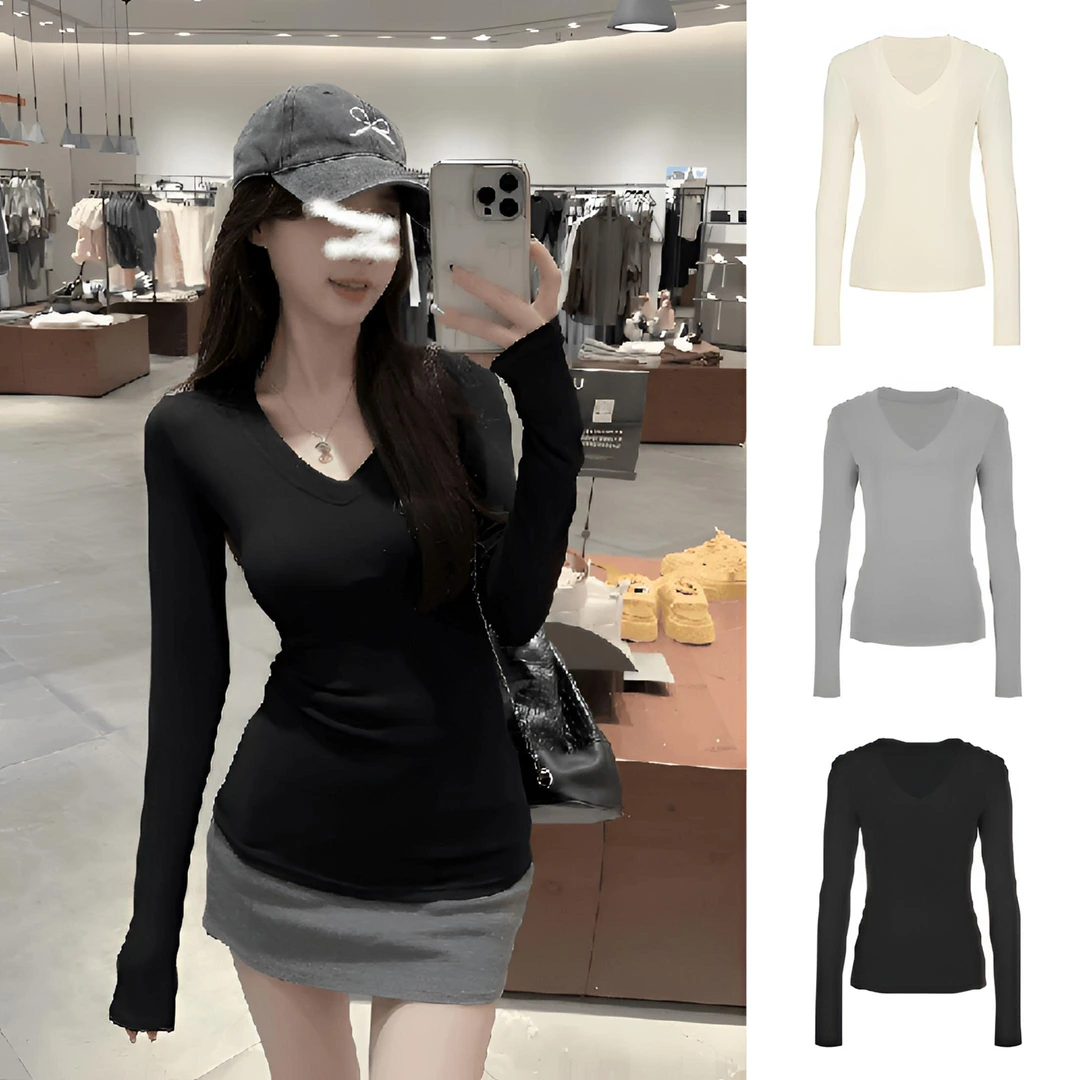 纯欲黑色长袖V领正肩t恤女秋季新款修身掐腰显瘦内搭打底辣妹上衣