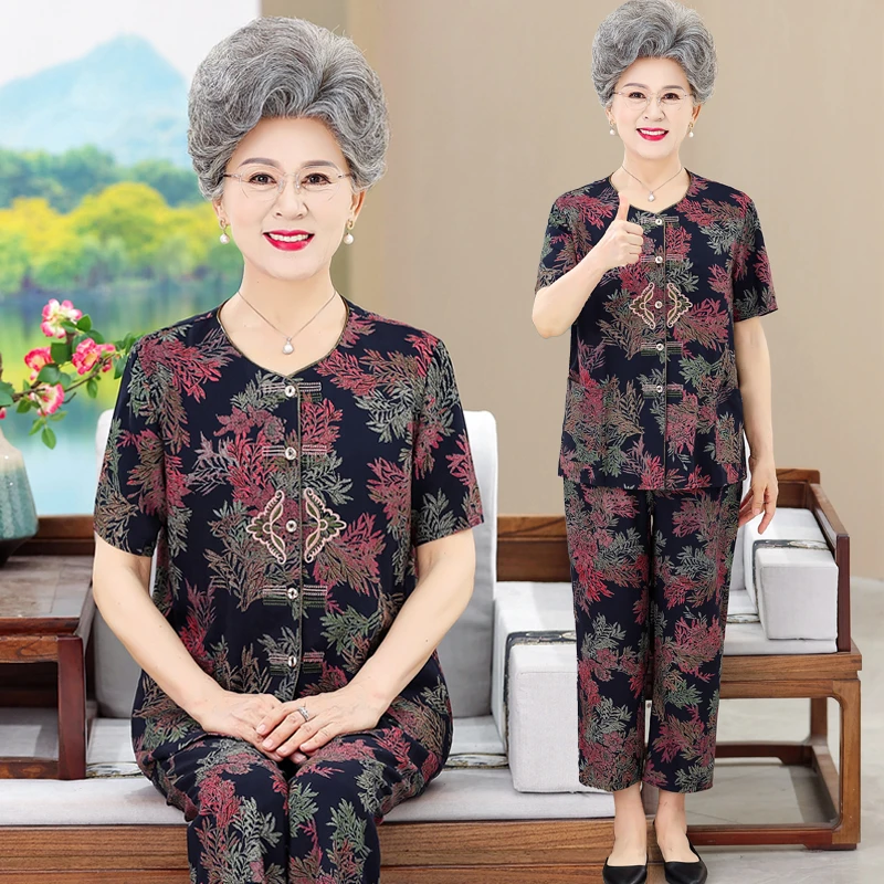 【上衣+裤子】中老年女装棉绸套装老人衣服大码洋气妈妈装两件套