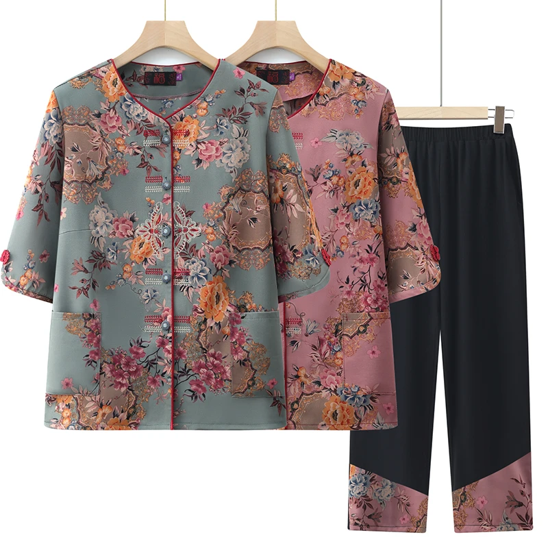 中老年女装夏季薄款套装大码妈妈装老人绣花衣服奶奶装宽松两件套
