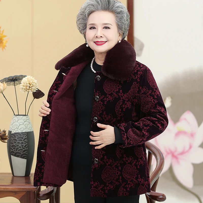 中老年女装冬装奶奶棉衣老太太棉袄妈妈装加绒灯芯绒外套老人衣服