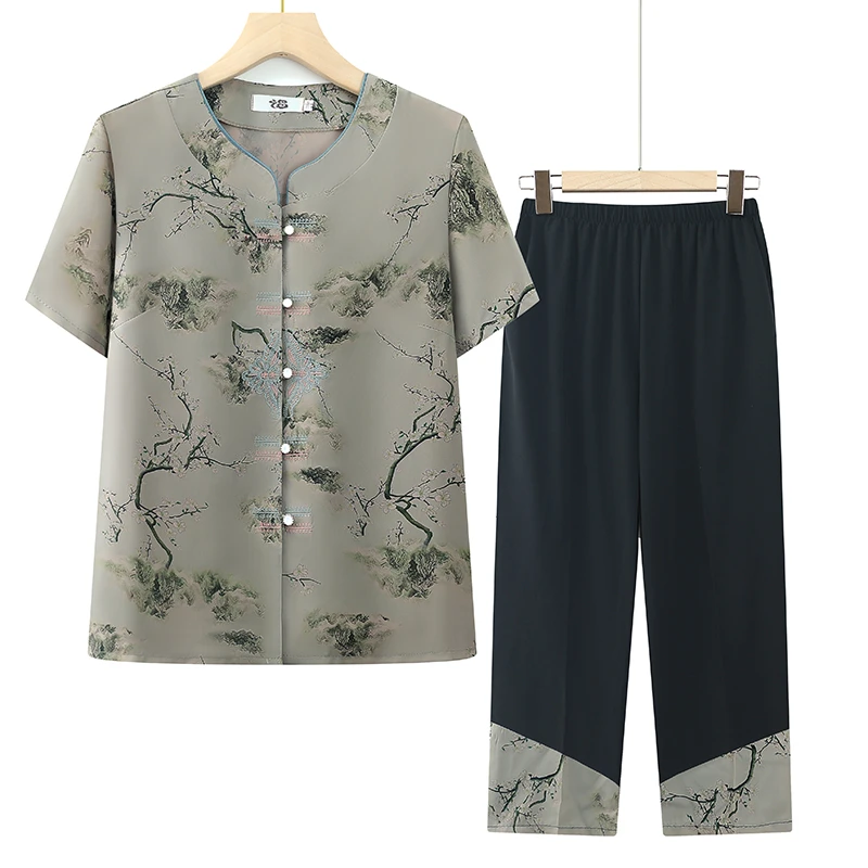 中老年女装夏季薄款套装大码妈妈装休闲老人衣服奶奶装绣花两件套