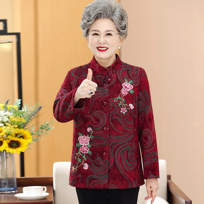 中老年女装秋冬新款外套妈妈装绣花上衣老太太唐装奶奶装加绒衣服