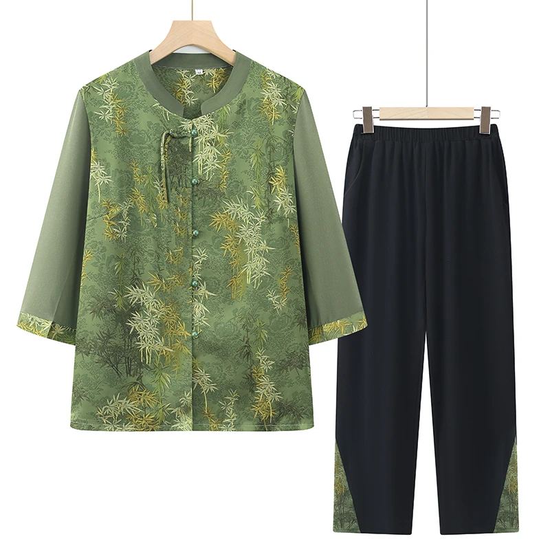 中老年女装夏季新中式套装大码妈妈装中国风薄款衣服奶奶装两件套