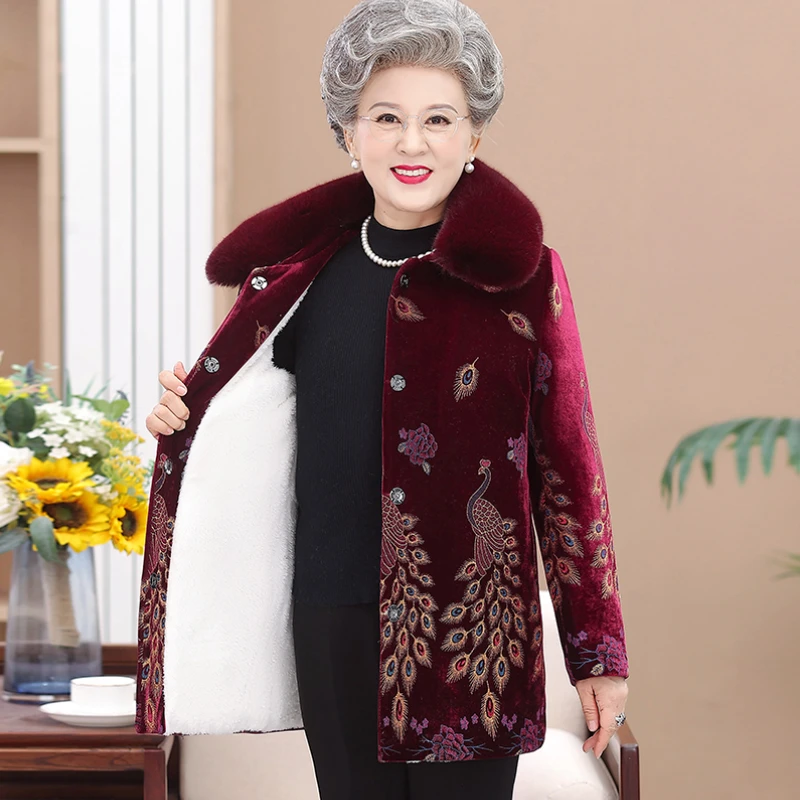 中老年女装丝绒外套妈妈冬装毛领大衣加绒加厚棉衣奶奶装老人上衣