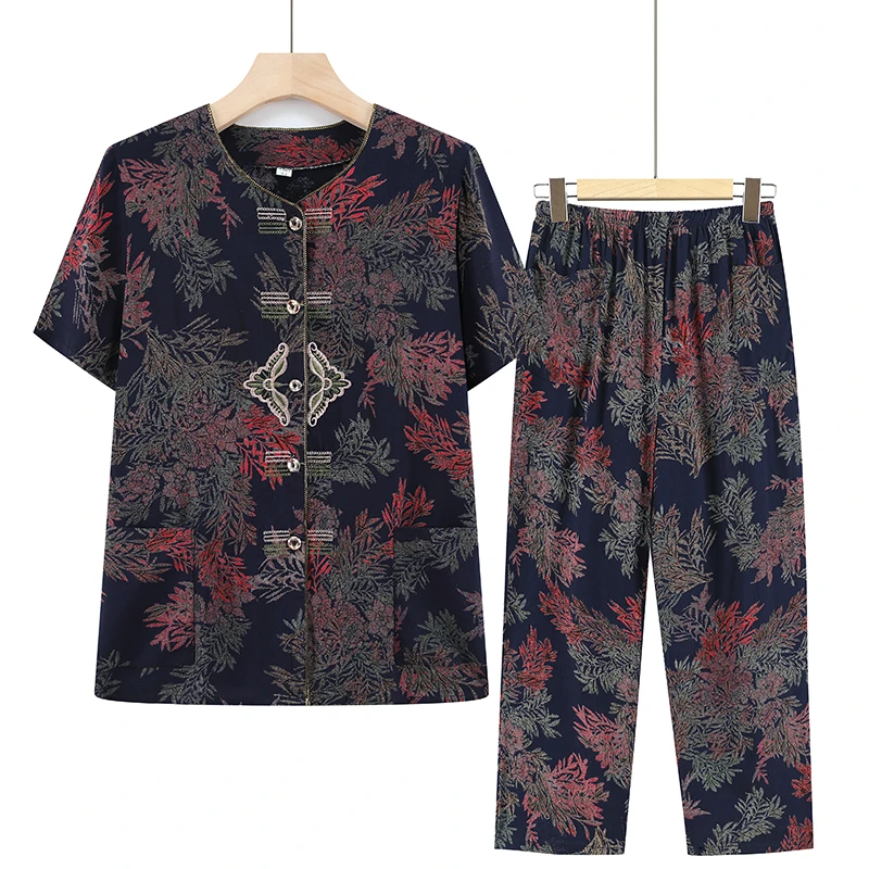 中老年女装夏季棉绸套装老人衣服大码洋气妈妈装薄款奶奶装两件套