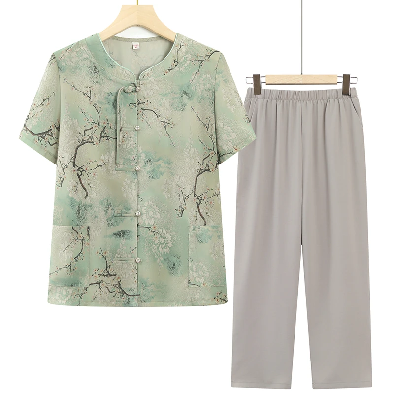 中老年女装休闲套装加肥加大妈妈装夏季薄款老人衣服老太太两件套