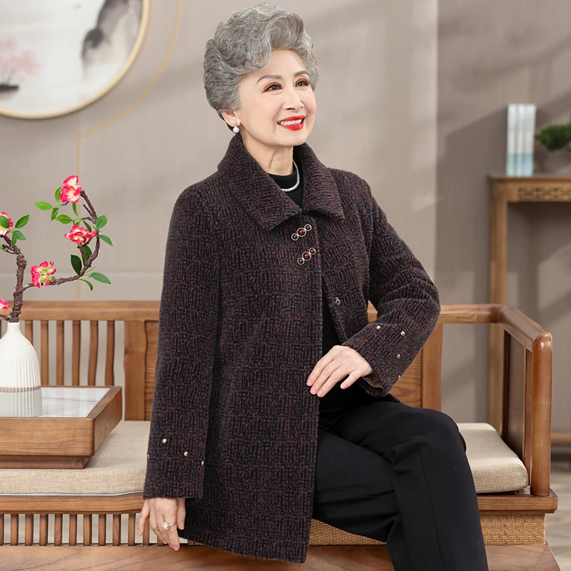 奶奶装冬季毛呢大衣老年人妈妈装秋冬加绒加厚呢子外套阔太太衣服