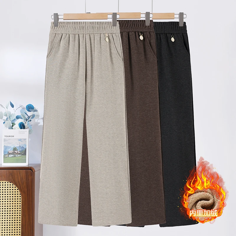 中老年人秋冬新款休闲裤加绒加厚妈妈高腰松紧腰长裤老人外穿裤子