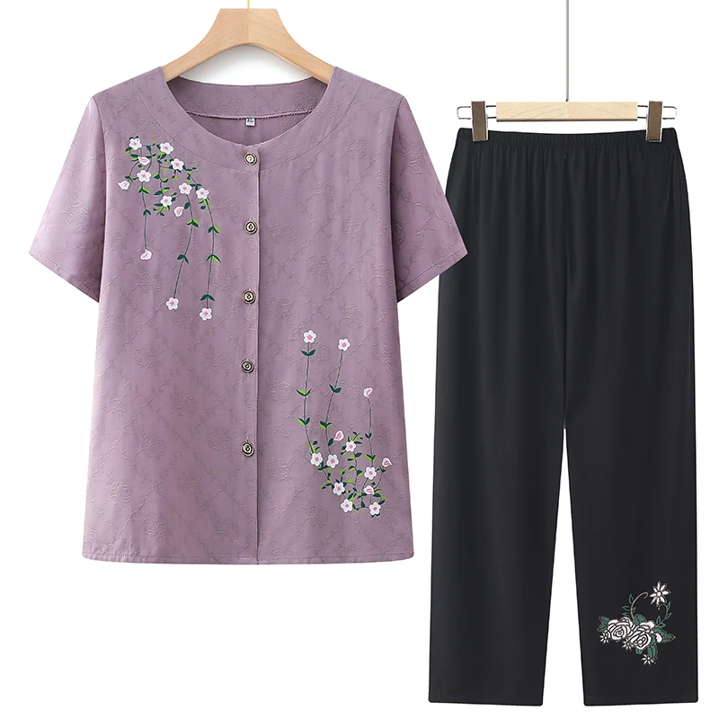 中老年女装夏季休闲套装宽松妈妈装洋气老人衣服奶奶装绣花两件套