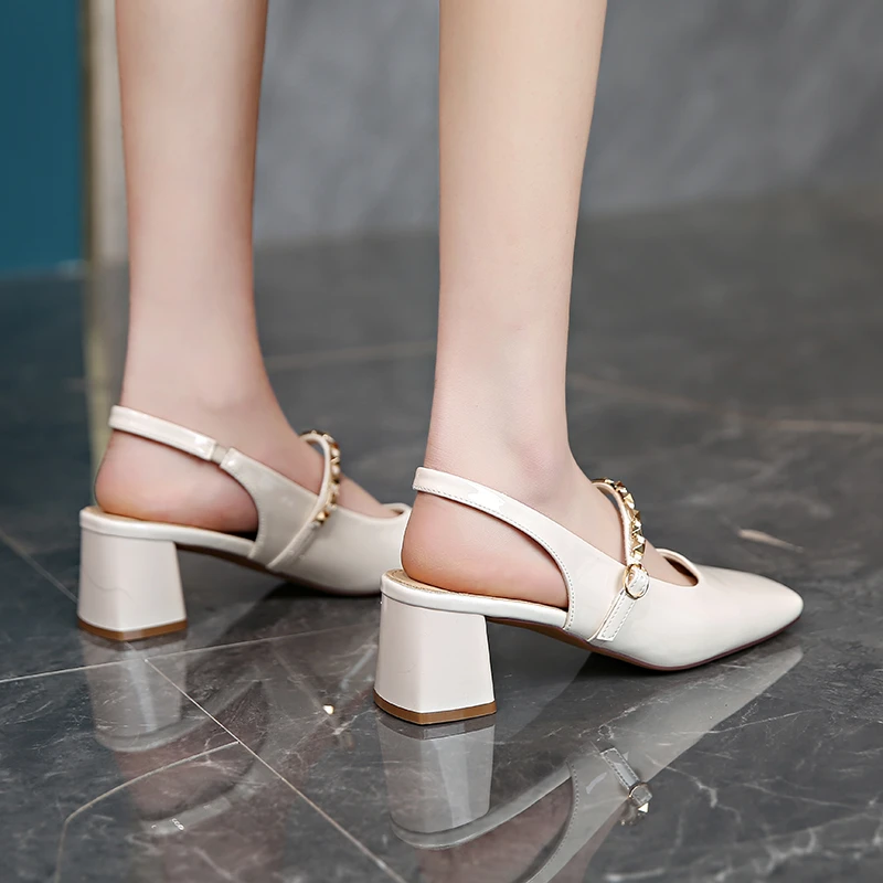 5cm漆皮一字带玛丽珍鞋仙女风包头高跟凉鞋女法式气质外穿单鞋子