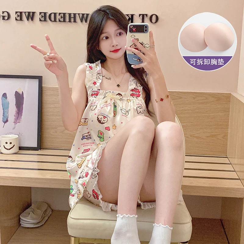 冰丝睡衣女款2025年夏吊带两件套装卡通小新凉感薄款带胸垫家居服