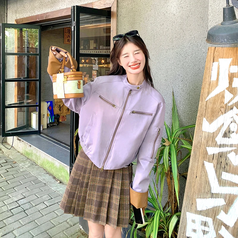 紫色皮衣外套女春秋季新款时尚甜酷机车炸街小个子减龄显瘦短夹克
