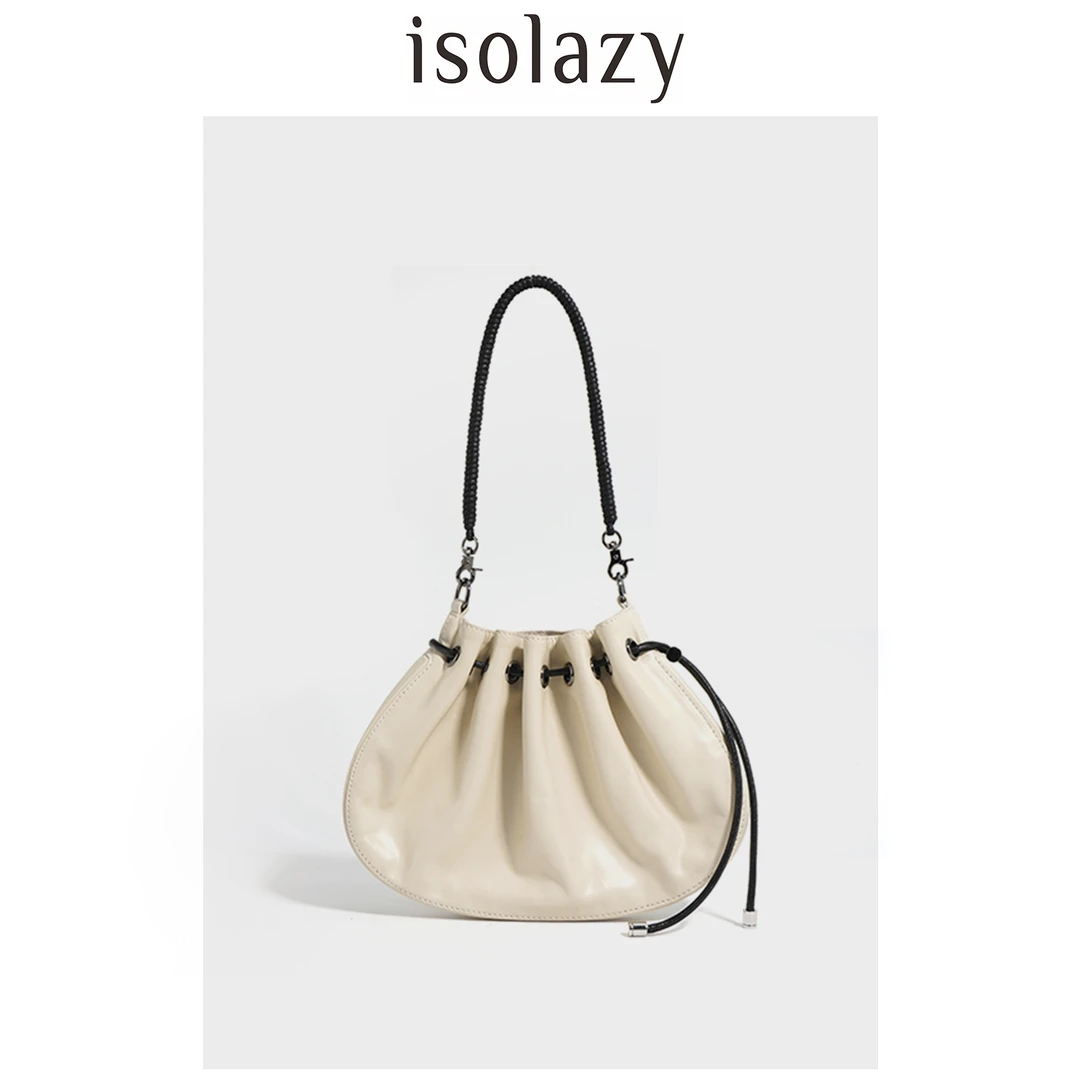 isolazy/小众扇子包头层真皮单肩小包包时尚纯色春夏斜挎包褶皱包