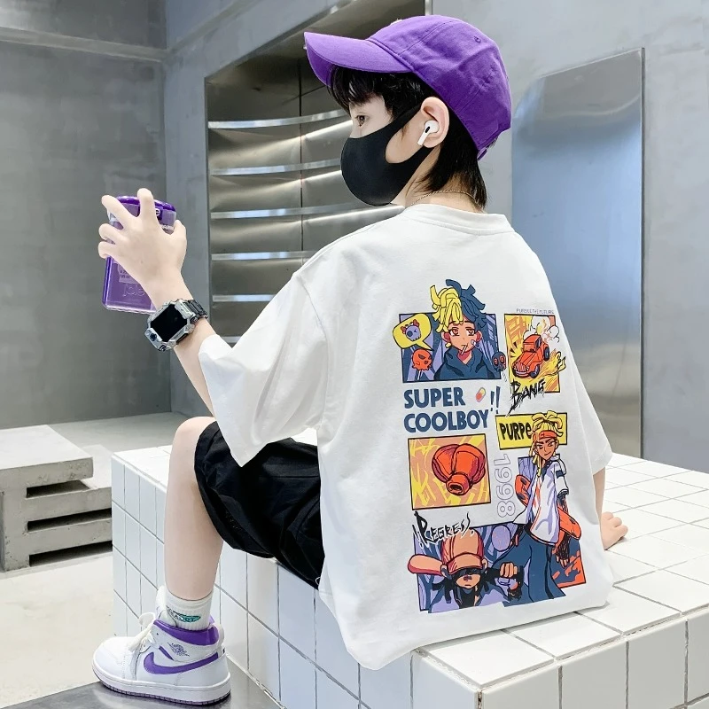 【100%纯棉】男童短袖2023夏季新款儿童半袖白色t大童夏装帅气潮牌