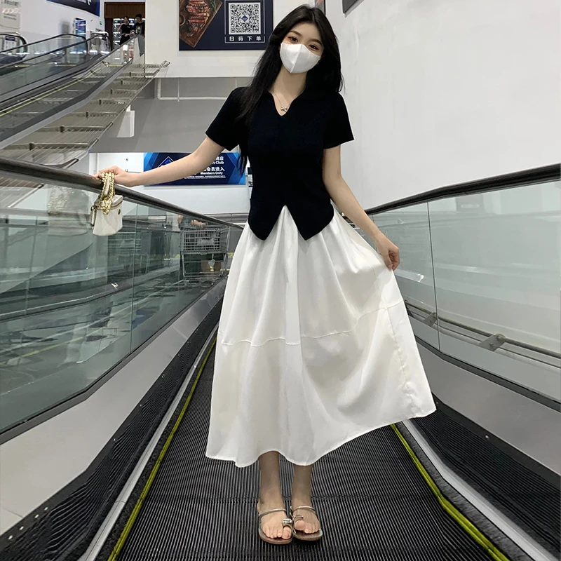 大码2025夏季盐系轻熟法式微胖显瘦上衣半身裙两件套装