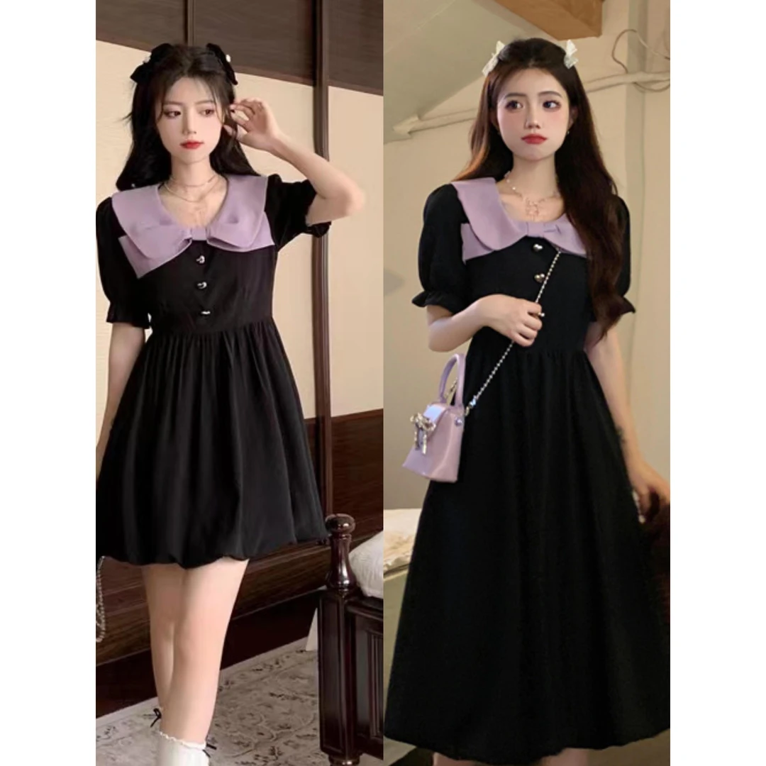 2025夏新款复古撞色娃娃领收腰显瘦连衣裙女御姐轻熟风小黑裙