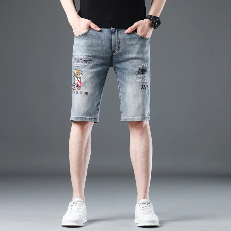 589夏季新款时尚潮流欧美风格刺绣薄款微弹百搭男牛仔短裤五分裤