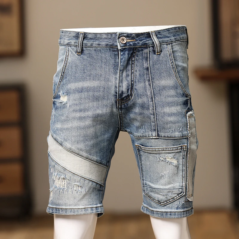 夏季新款时尚潮流破洞五分拼接修身薄款炫酷弹力水洗牛仔短裤