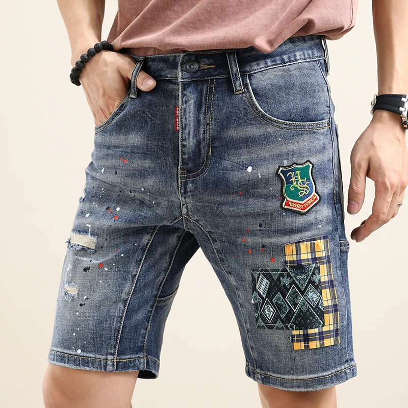 179新款夏季时尚刺绣破洞甩漆贴布宽松百搭微弹男士牛仔短裤男