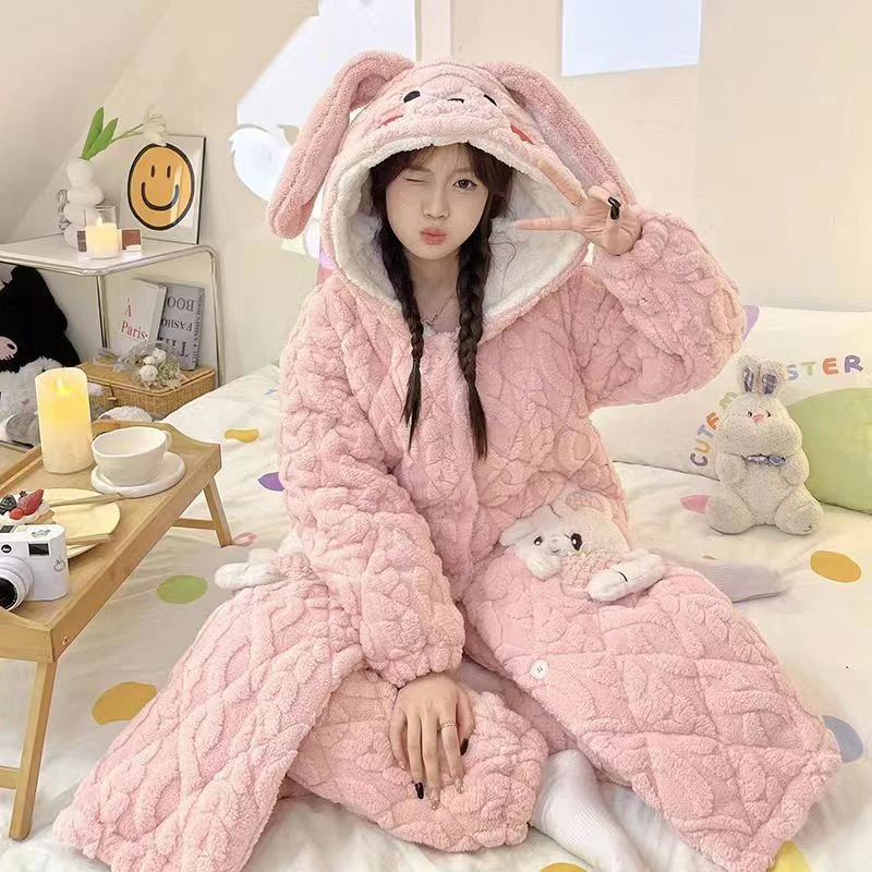 冬天冬款长毛秋冬季睡衣长款家居服睡裙女士连帽加绒保暖浴袍夹棉