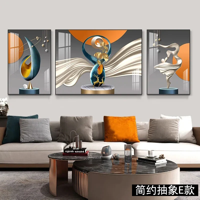 客厅装饰画沙发背景墙壁画抽象三联画现代简约轻奢高端镶钻晶瓷画
