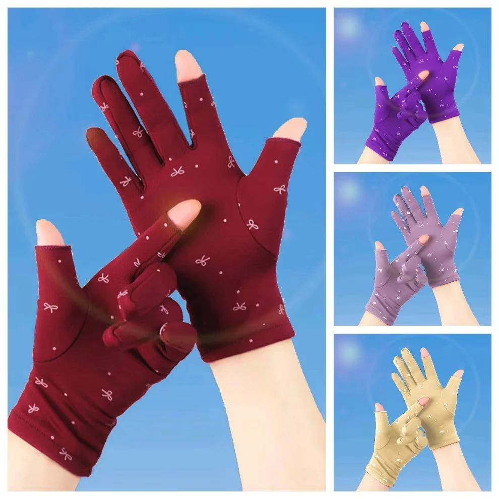 薄绒保暖手套女漏两指秋冬防寒骑车触屏手套工作开车弹力加厚跳舞