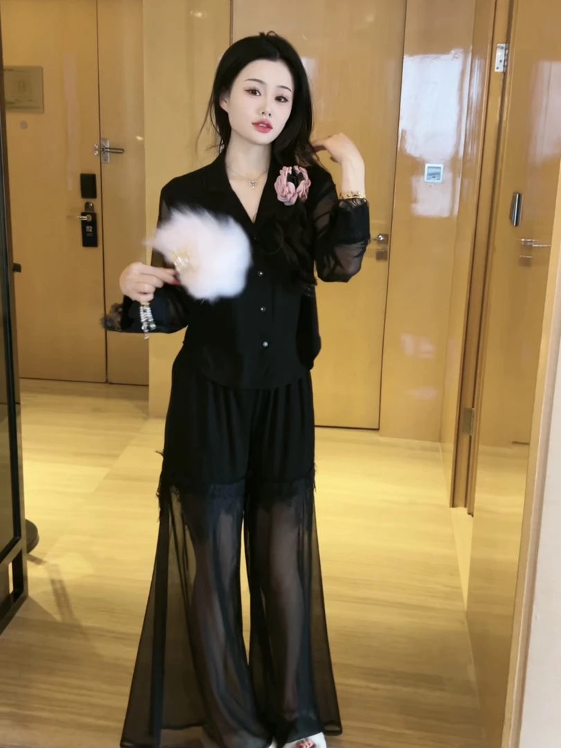 (黑巧)莫代尔气质显高显瘦柔软亲肤睡衣长袖长裤女休闲可外穿网纱