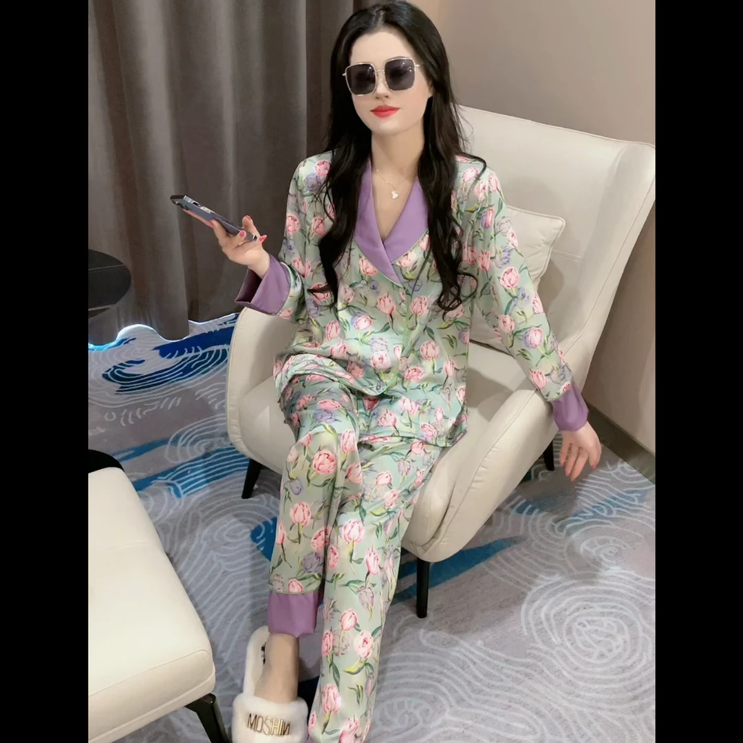 （紫鸳）春夏季韩版时尚休闲亲肤透气睡衣女家居服套装可外穿