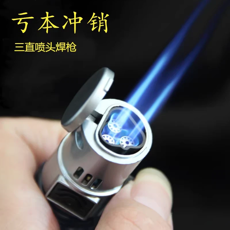充气防风打火机个性高温小焊枪蓝焰雪茄艾灸喷枪三头创意直冲火机