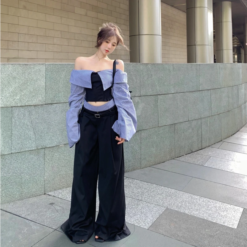 露肩设计感拼接长袖衬衫显瘦气质拼接条纹阔腿休闲裤女2024秋新款